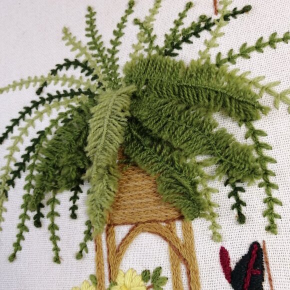 Vintage Finished Crewel Embroidery MCM 3D Fern Flowers Sunset 1975 16x20 Inches - Picture 3 of 11